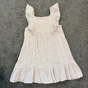 Jamie Kay pale pink gauzy dress, ruffle sleeves and lace trim, ruffle hem